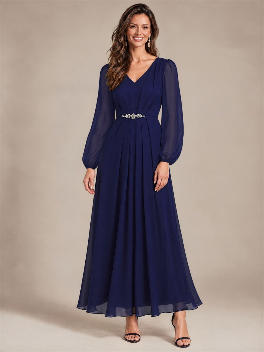 Chiffon Brautmutterkleid mit V-Ausschnitt und Puffärmeln brautmutterkleid #Farbe_Marineblau