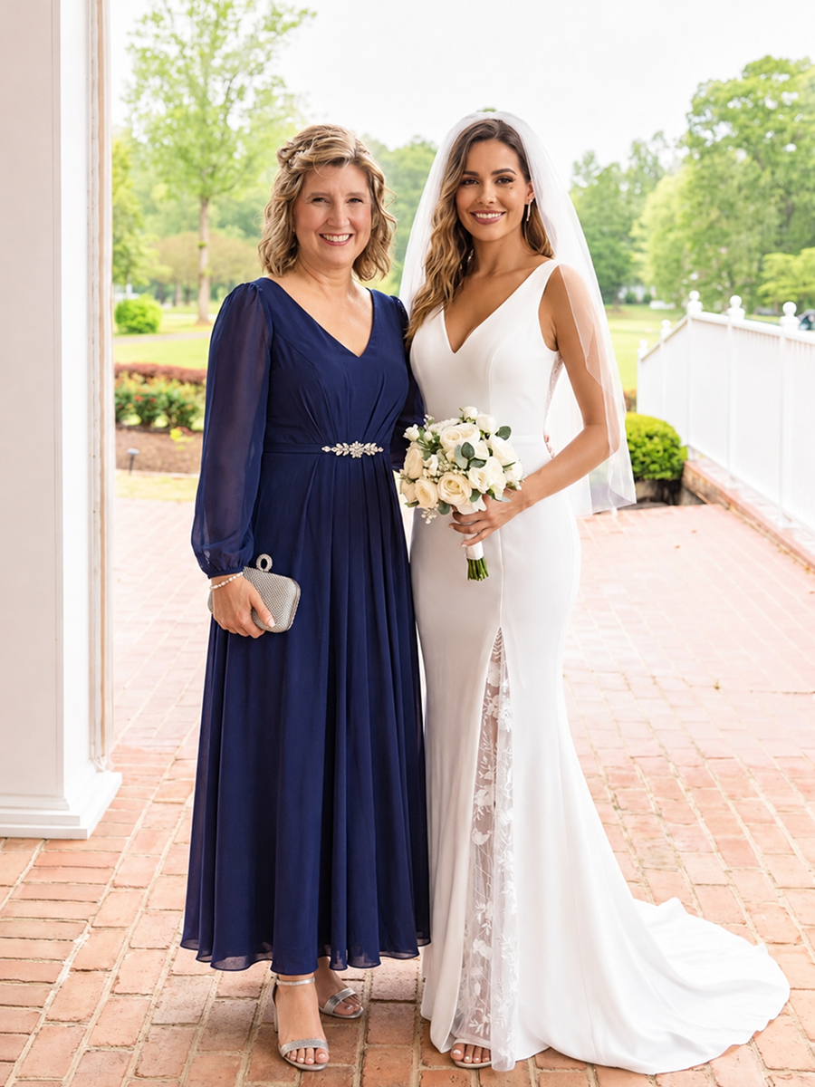 Chiffon Brautmutterkleid mit V-Ausschnitt und Puffärmeln brautmutterkleid #Farbe_Marineblau