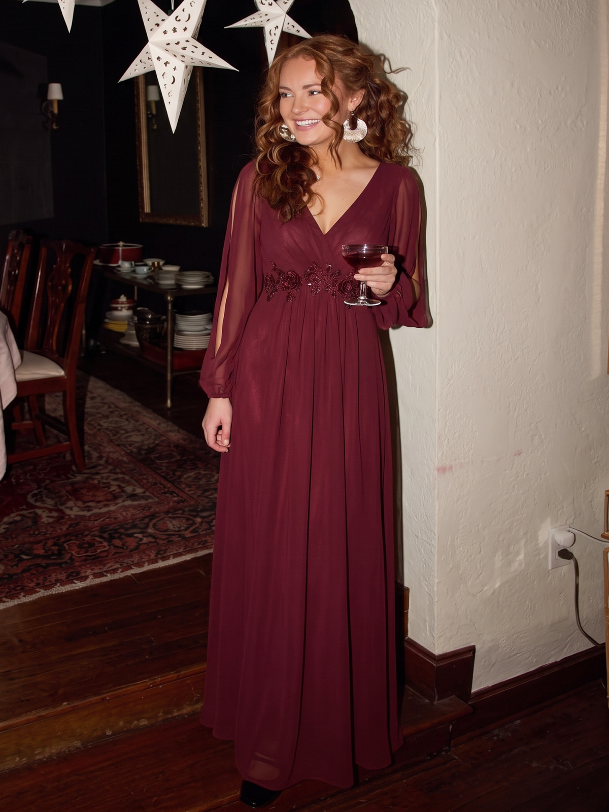 A-Linie Chiffon Lang mit Ärmel Brautmutterkleider #Farbe_Burgunderrot
