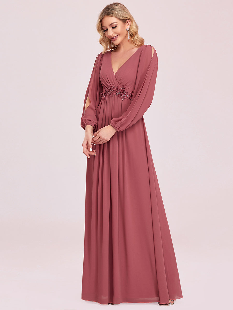 A-Linie Chiffon Lang mit Ärmel Brautmutterkleider #Farbe_Beige-Braun