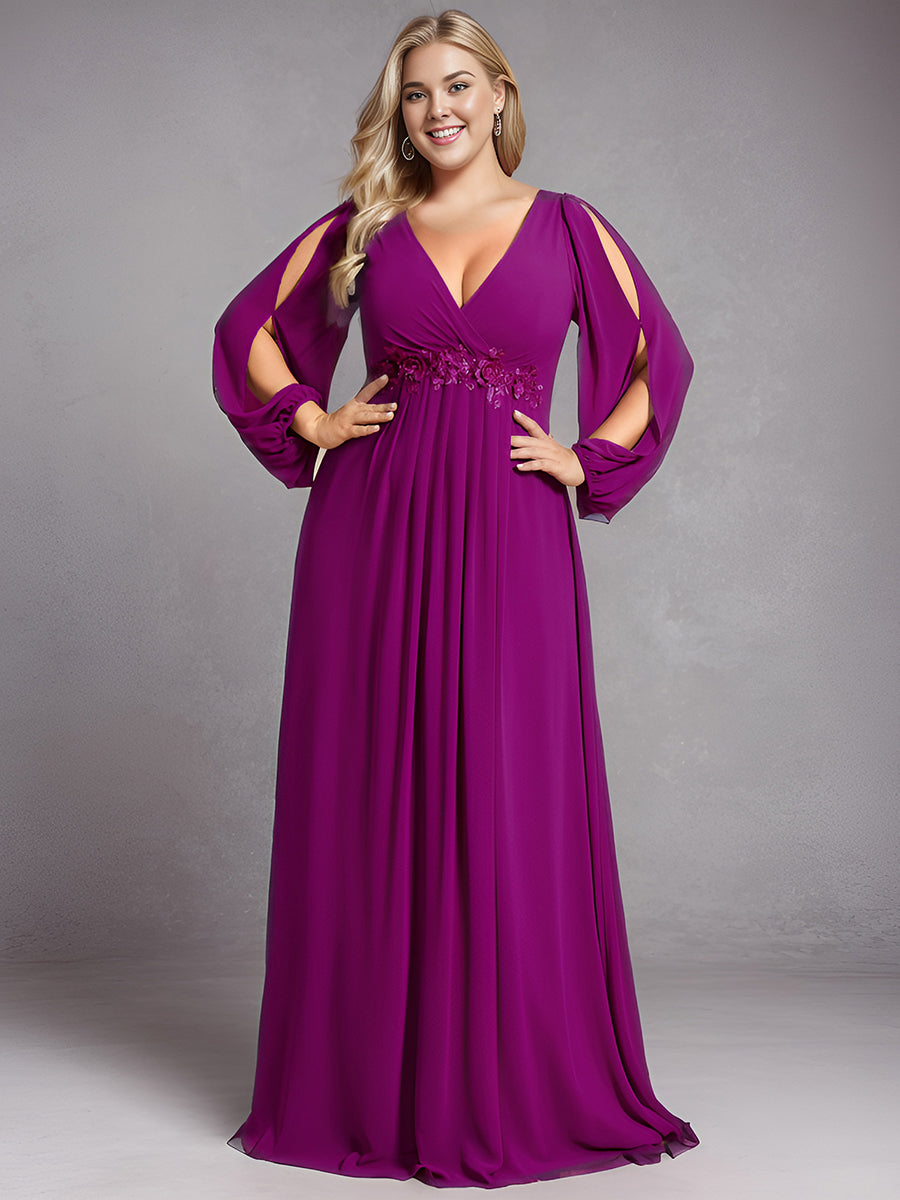 A-Linie Chiffon Lang mit Ärmel Brautmutterkleider #Farbe_Fuchsia