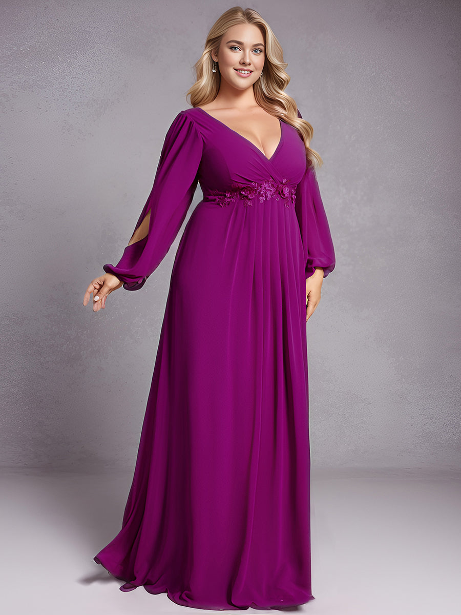 A-Linie Chiffon Lang mit Ärmel Brautmutterkleider #Farbe_Fuchsia