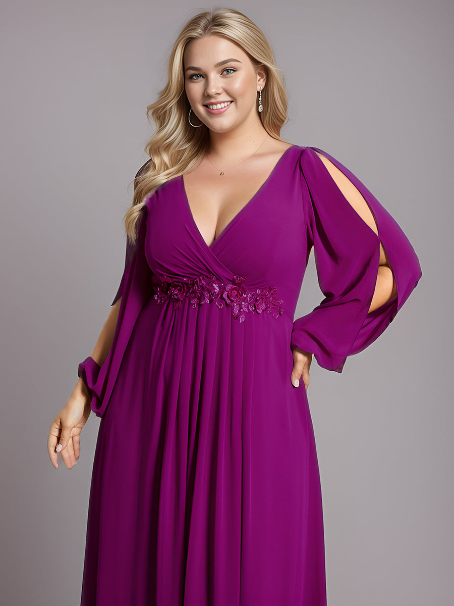 A-Linie Chiffon Lang mit Ärmel Brautmutterkleider #Farbe_Fuchsia