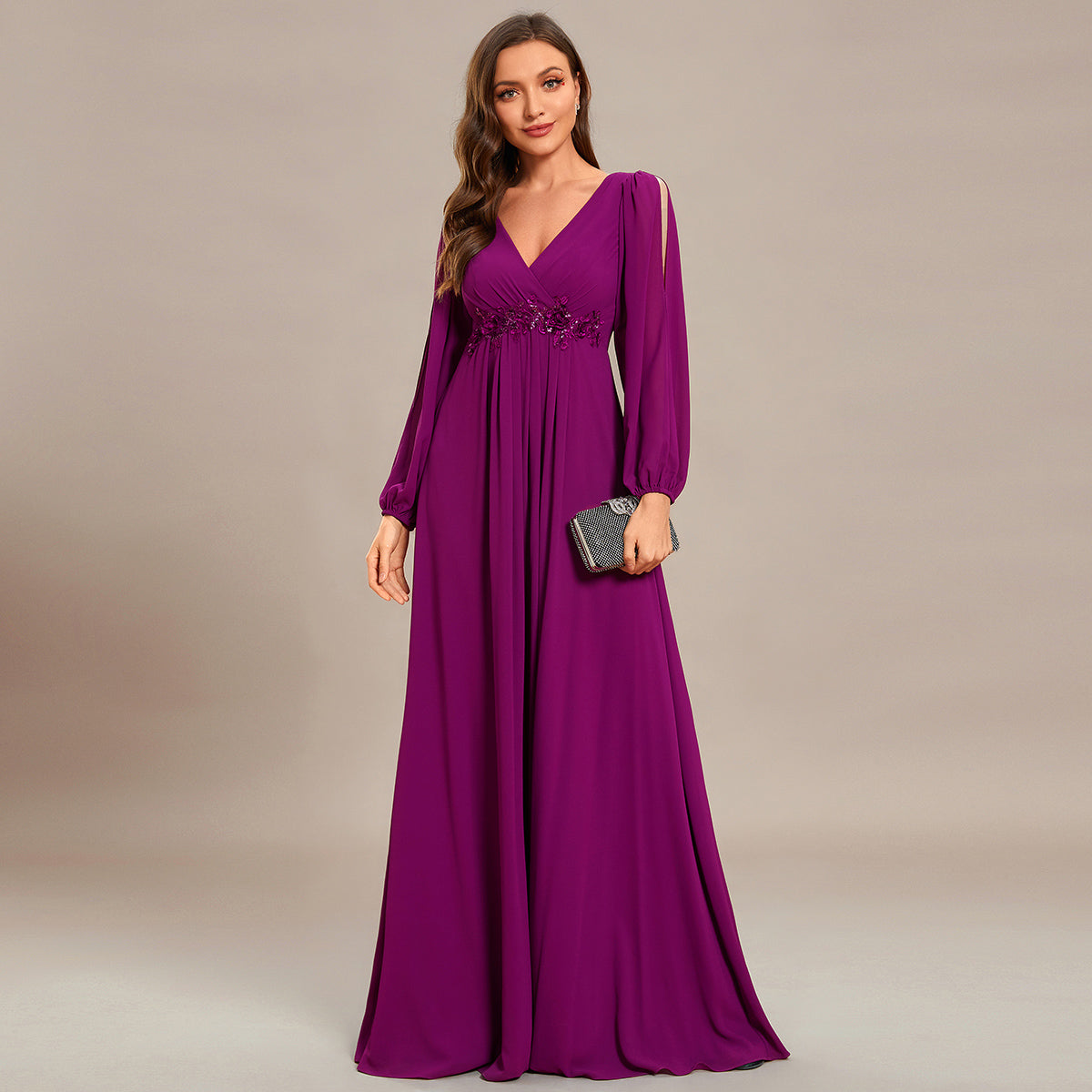 A-Linie Chiffon Lang mit Ärmel Brautmutterkleider #Farbe_Fuchsia