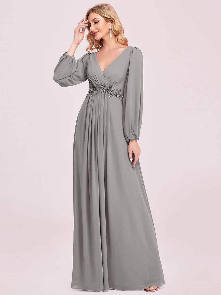 A-Linie Chiffon Lang mit Ärmel Brautmutterkleider #Farbe_Grau