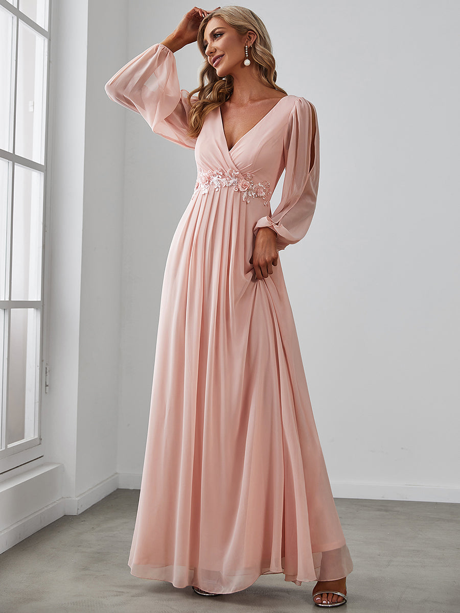 A-Linie Chiffon Lang mit Ärmel Brautmutterkleider #Farbe_Rosa