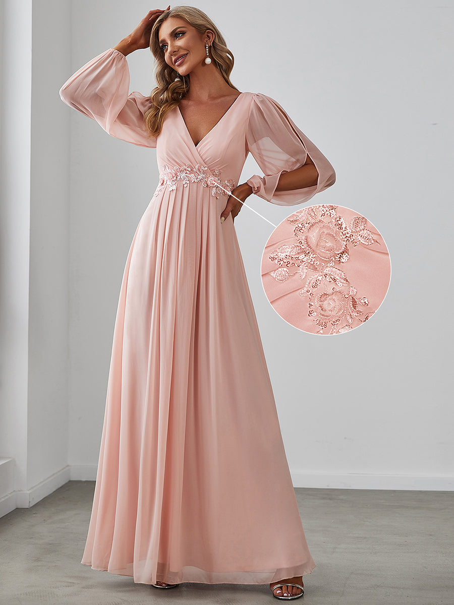 A-Linie Chiffon Lang mit Ärmel Brautmutterkleider #Farbe_Rosa