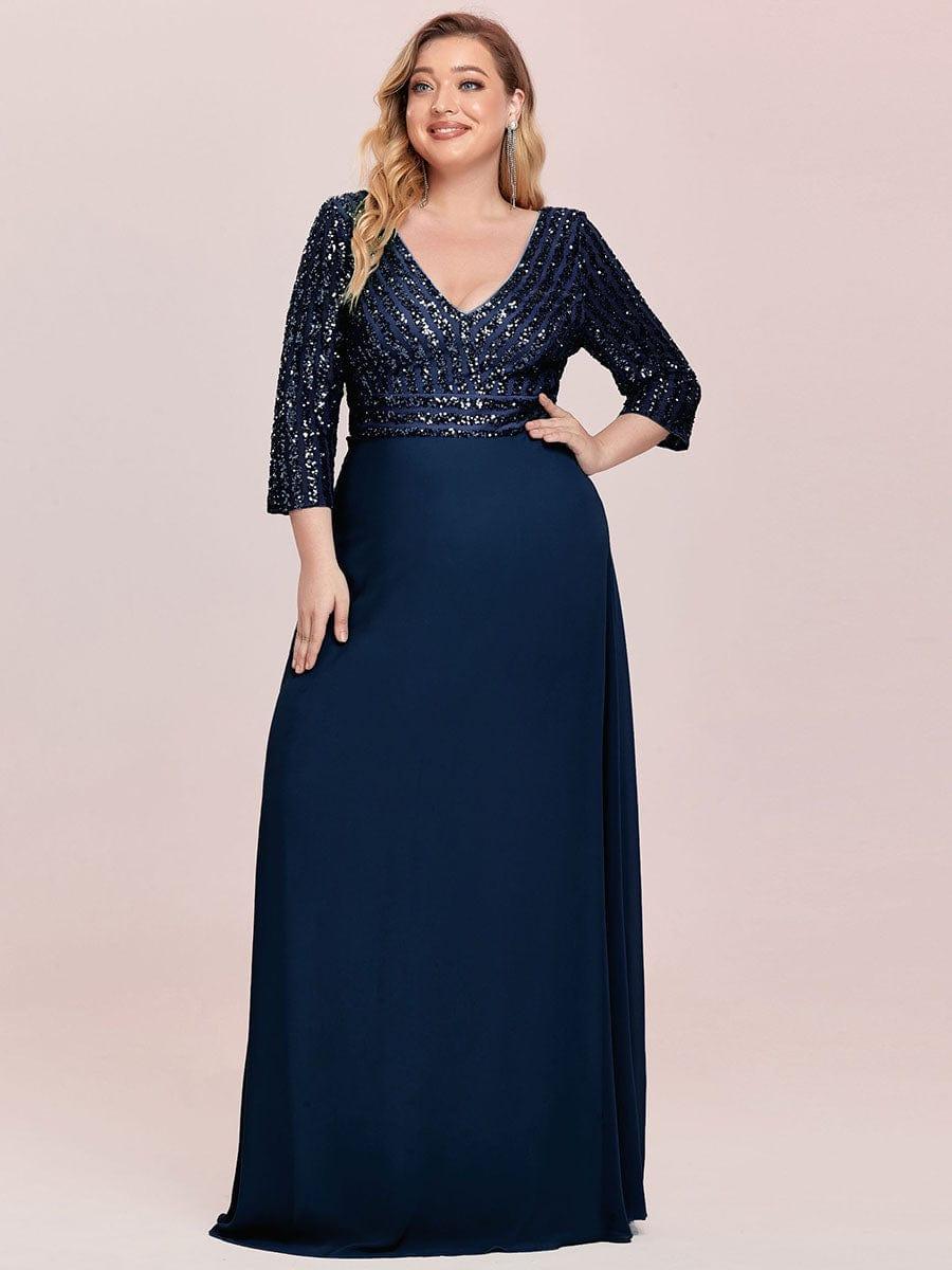 Übergrößen Bodenlanger V-Ausschnitt A-Linie Pailletten Kleid Mit Durchsichtigen Patchwork Details #Farbe_Marineblau