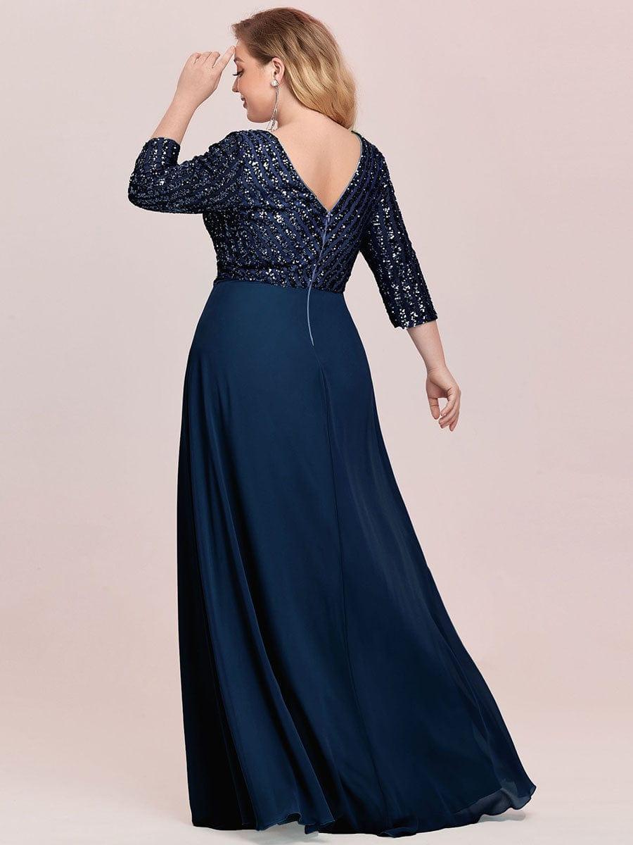 Übergrößen Bodenlanger V-Ausschnitt A-Linie Pailletten Kleid Mit Durchsichtigen Patchwork Details #Farbe_Marineblau