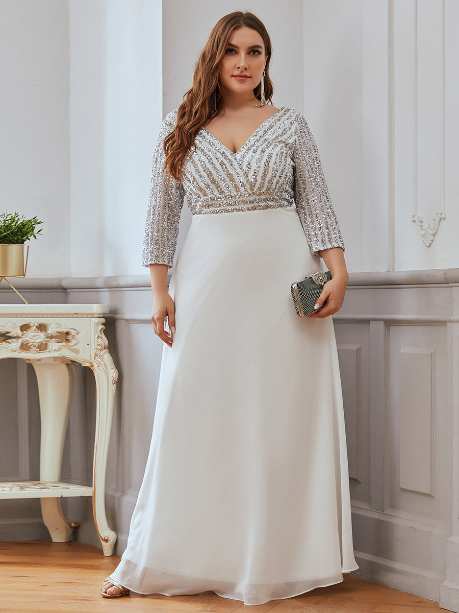 Übergrößen Bodenlanger V-Ausschnitt A-Linie Pailletten Kleid Mit Durchsichtigen Patchwork Details #Farbe_Weiß