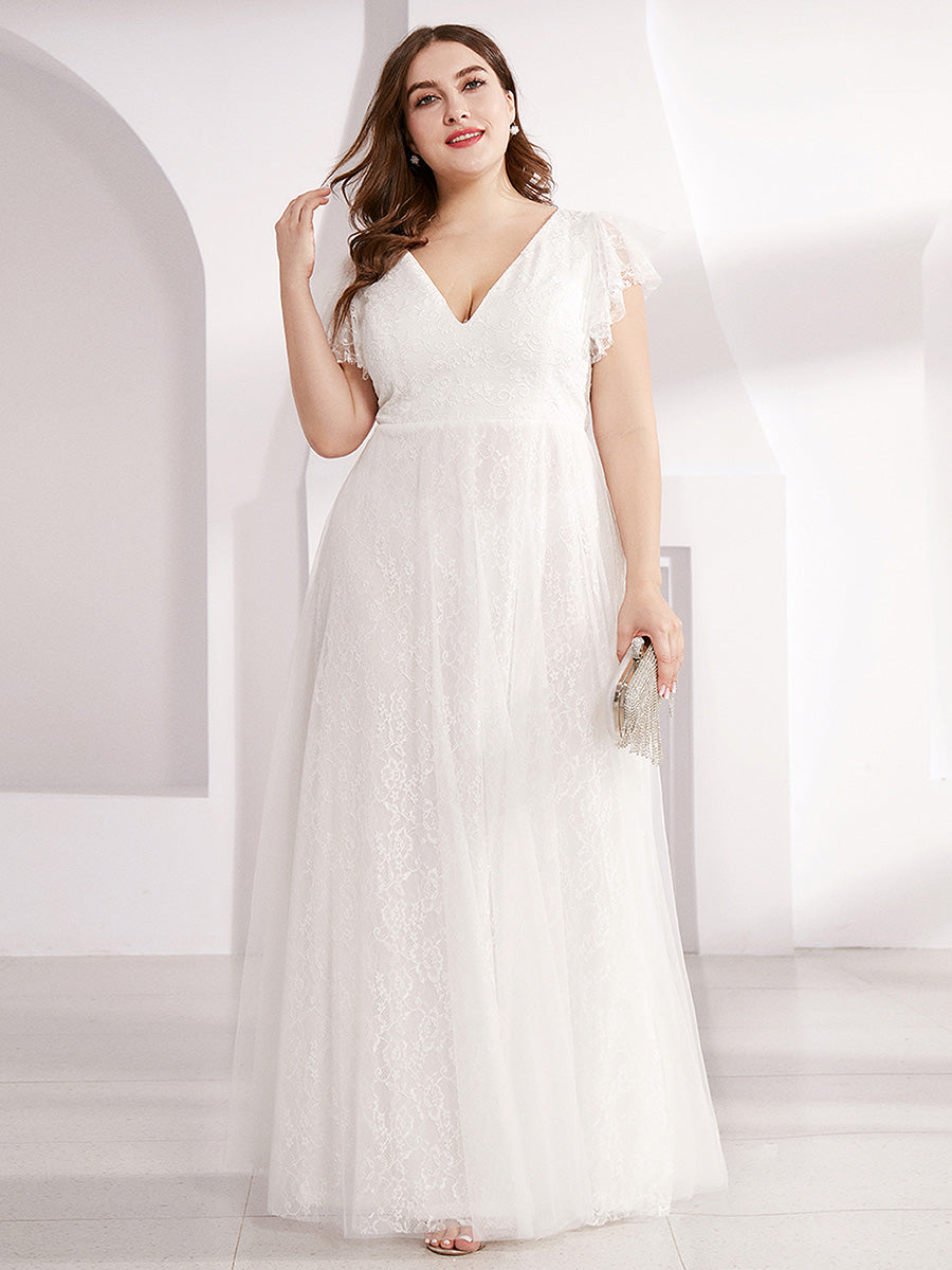 V-Ausschnitt Empire-Taille Blumenspitze Hochzeit Brautjungfernkleid#Farbe_Weiß