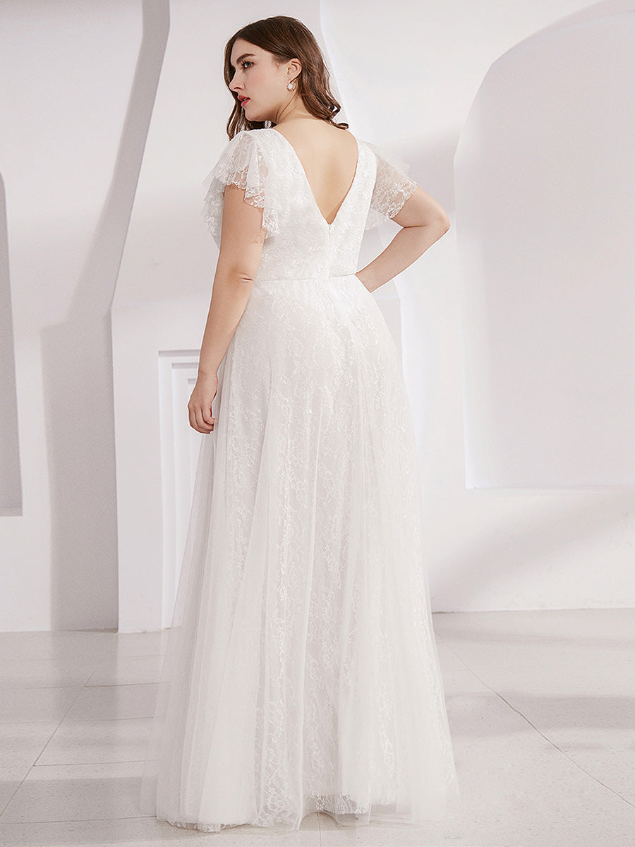 V-Ausschnitt Empire-Taille Blumenspitze Hochzeit Brautjungfernkleid#Farbe_Weiß