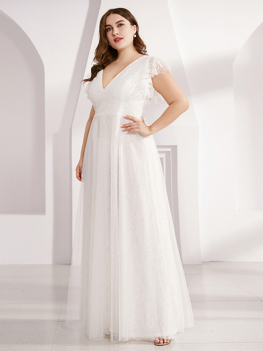 V-Ausschnitt Empire-Taille Blumenspitze Hochzeit Brautjungfernkleid#Farbe_Weiß
