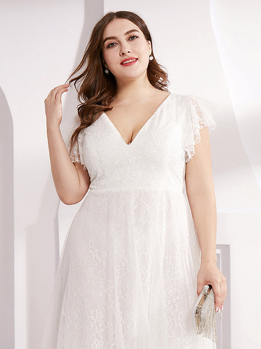 V-Ausschnitt Empire-Taille Blumenspitze Hochzeit Brautjungfernkleid#Farbe_Weiß