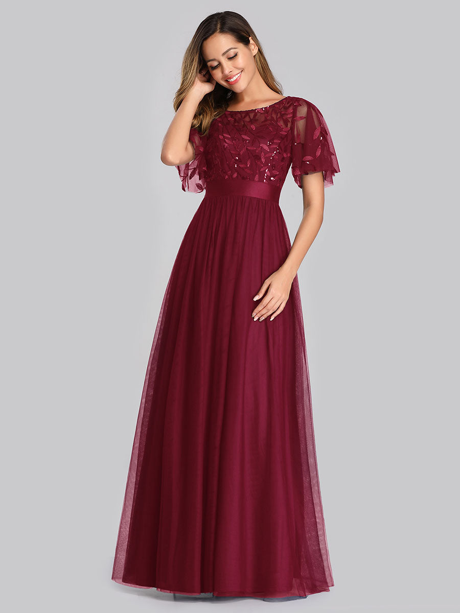 Damen A-Line Kurzarm Stickerei Bodenlanges Abendkleid #Farbe_Burgunderrot