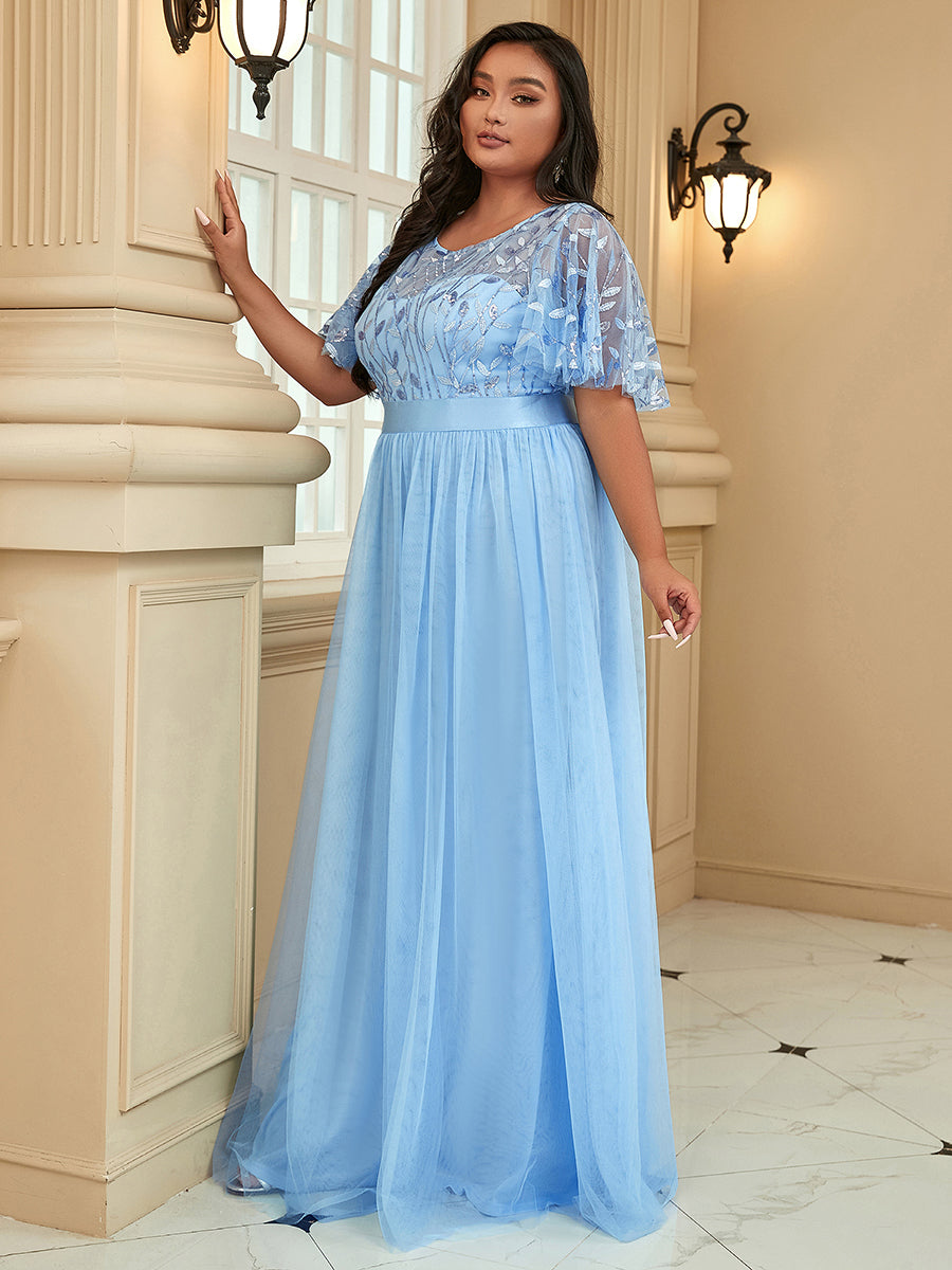 Damen A-Line Kurzarm Stickerei Bodenlanges Abendkleid #Farbe_Himmelblau