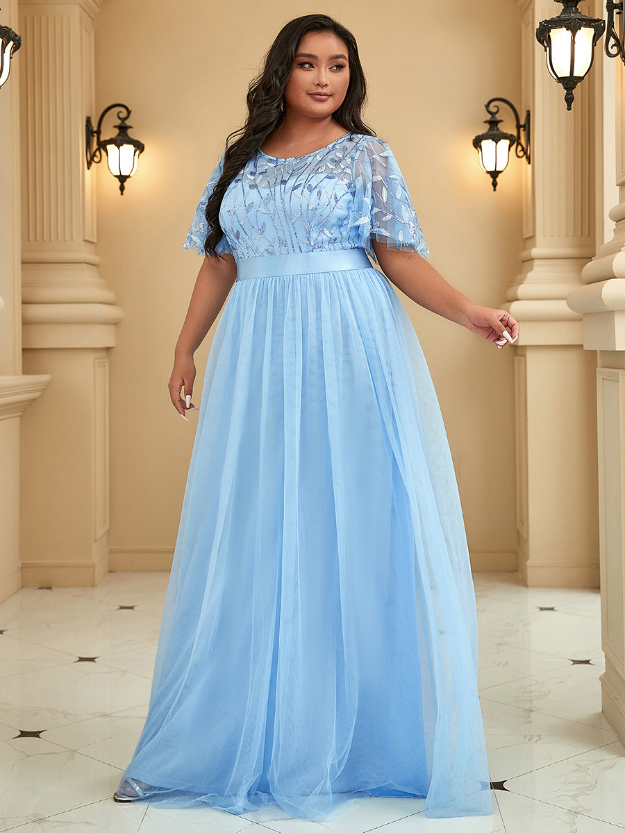 Damen A-Line Kurzarm Stickerei Bodenlanges Abendkleid #Farbe_Himmelblau