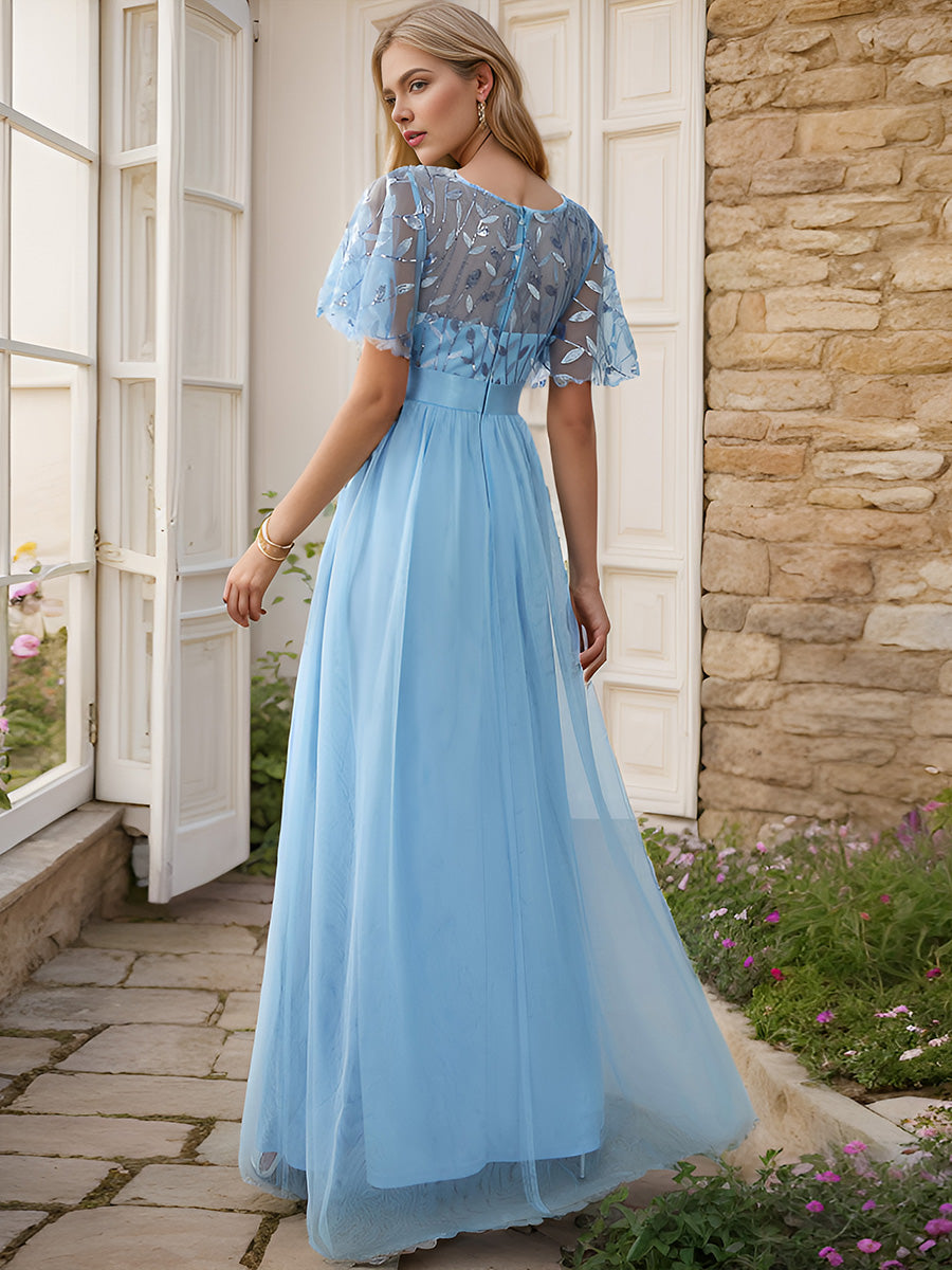 Damen A-Line Kurzarm Stickerei Bodenlanges Abendkleid #Farbe_Himmelblau