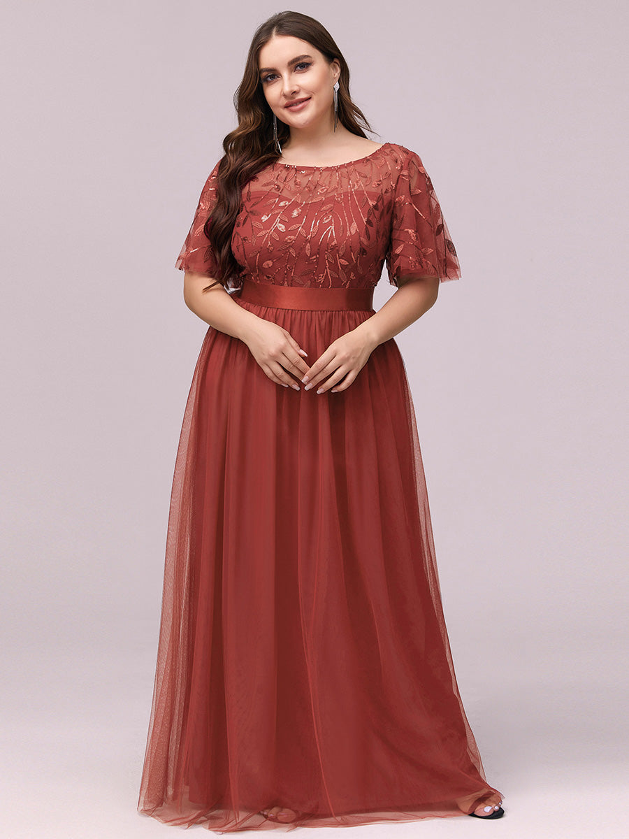 Damen A-Line Kurzarm Stickerei Bodenlanges Abendkleid #Farbe_Gebranntes Orange