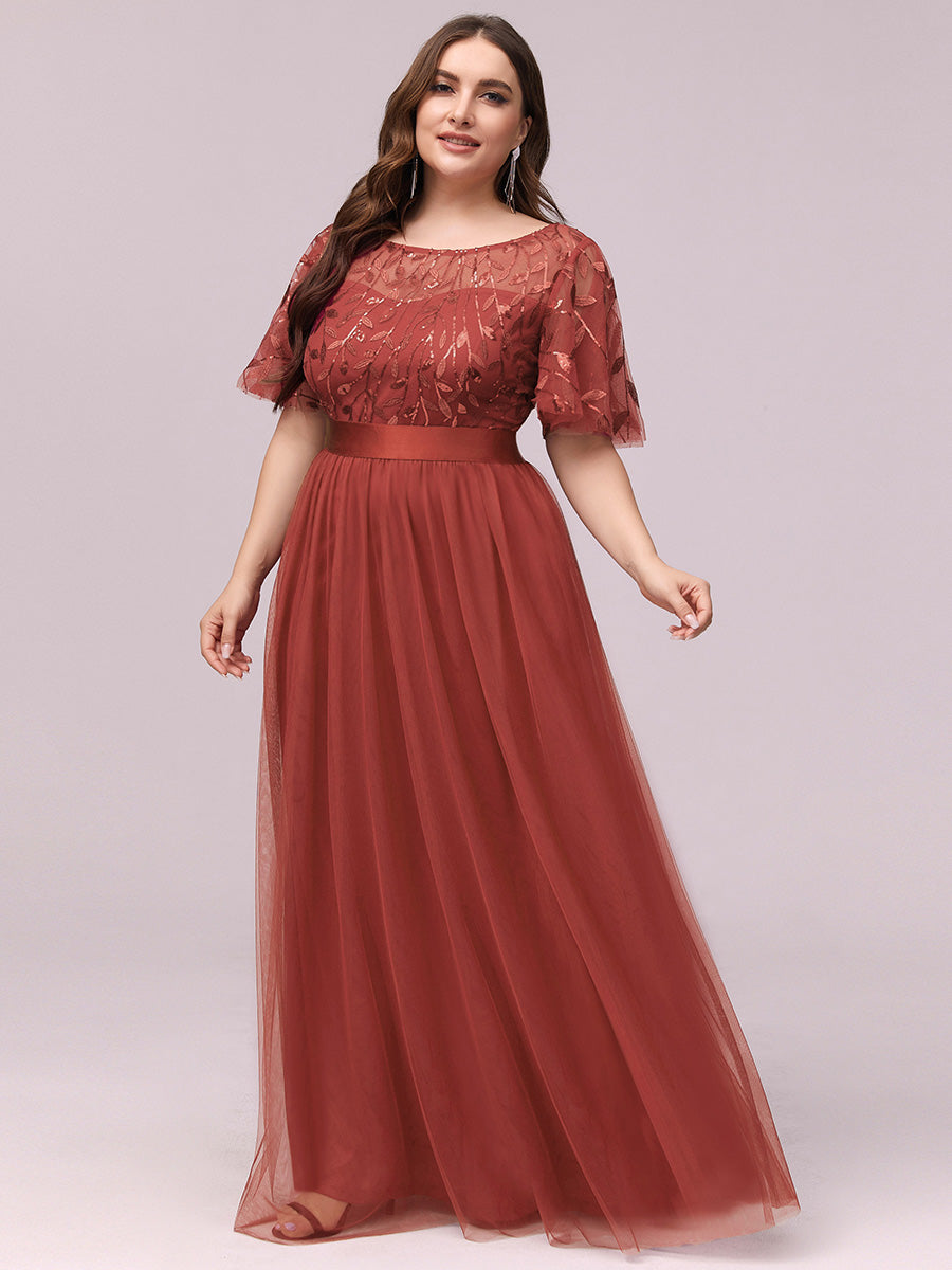 Damen A-Line Kurzarm Stickerei Bodenlanges Abendkleid #Farbe_Gebranntes Orange