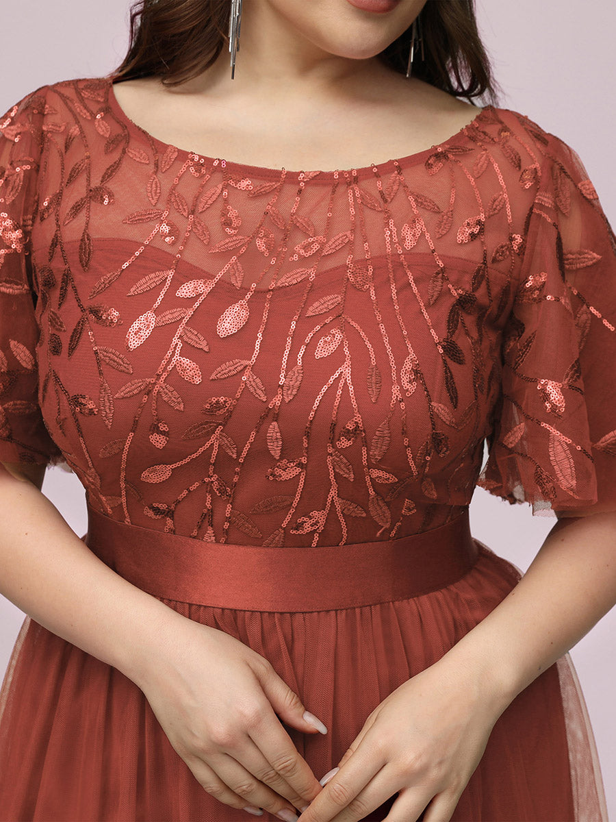 Damen A-Line Kurzarm Stickerei Bodenlanges Abendkleid #Farbe_Gebranntes Orange