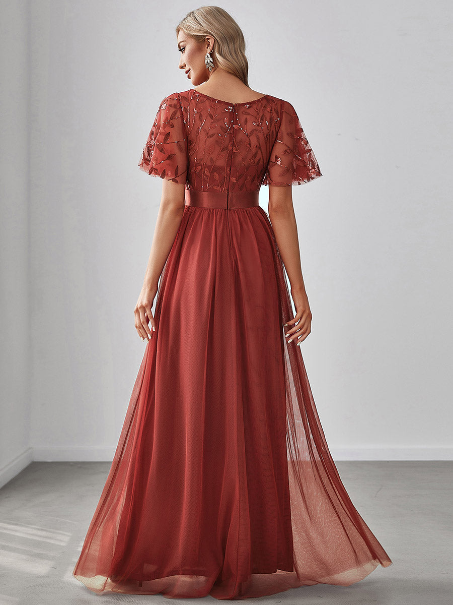 Damen A-Line Kurzarm Stickerei Bodenlanges Abendkleid #Farbe_Gebranntes Orange