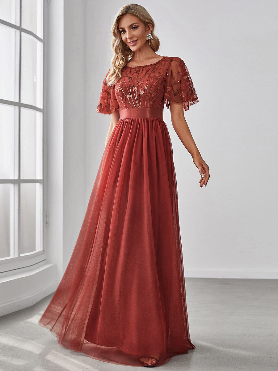 Damen A-Line Kurzarm Bodenlanges Abendkleid 00904 #farbe_Gebranntes Orange