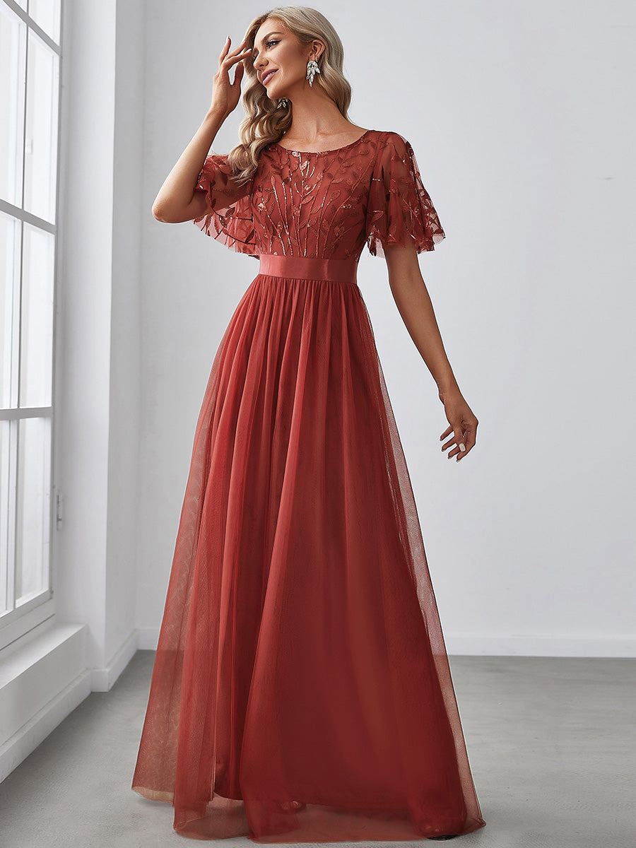 Damen A-Line Kurzarm Bodenlanges Abendkleid 00904 #farbe_Gebranntes Orange