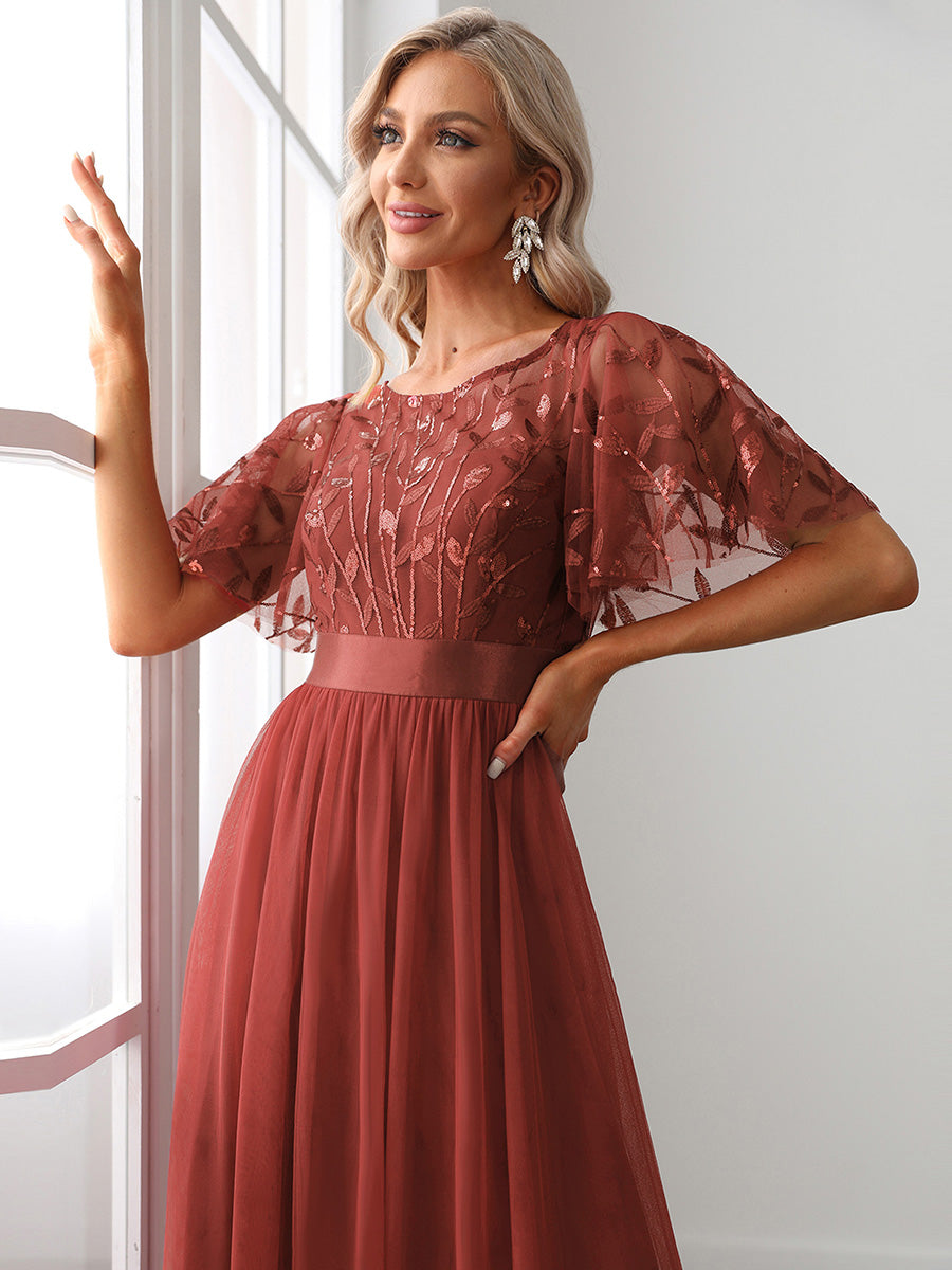 Damen A-Line Kurzarm Bodenlanges Abendkleid 00904 #farbe_Gebranntes Orange