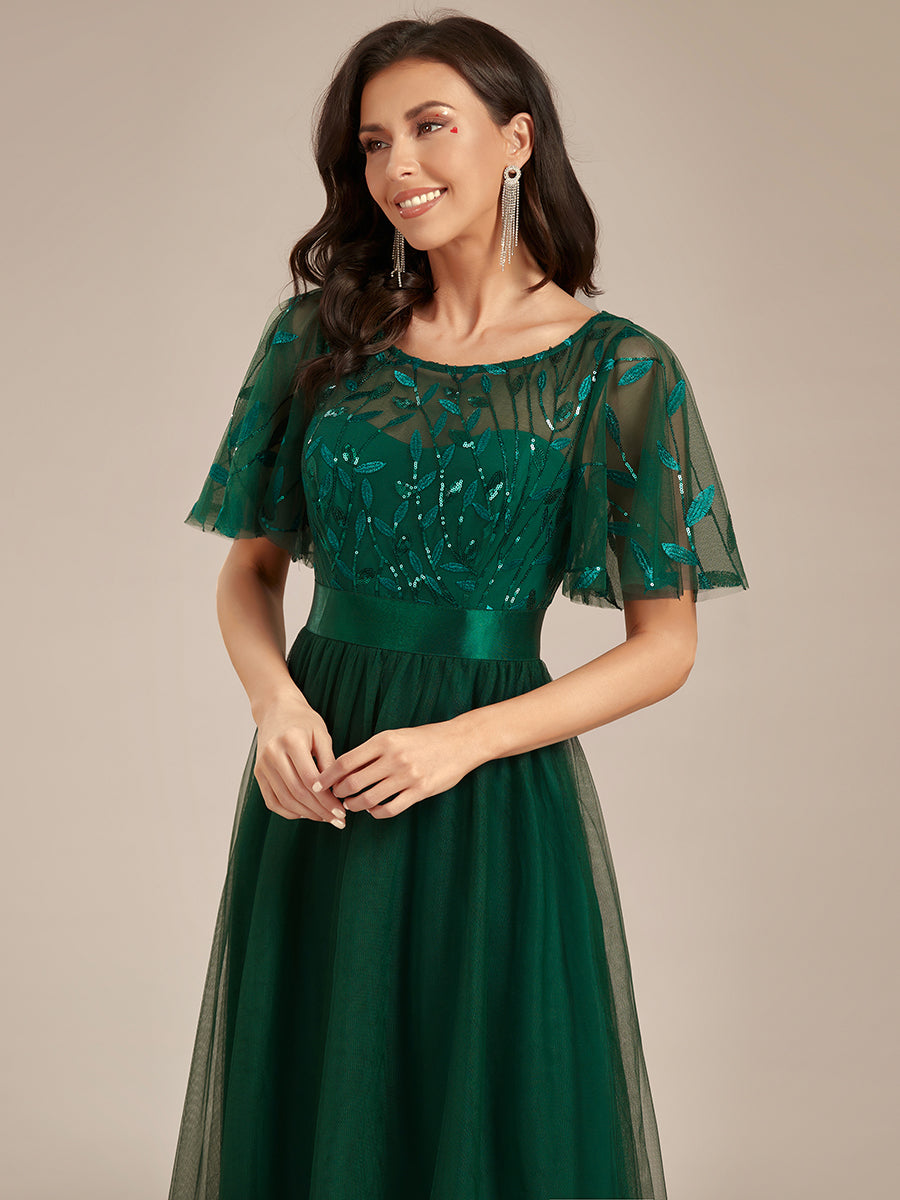 Damen A-Line Kurzarm Stickerei Bodenlanges Abendkleid #Farbe_Dunkelgrün