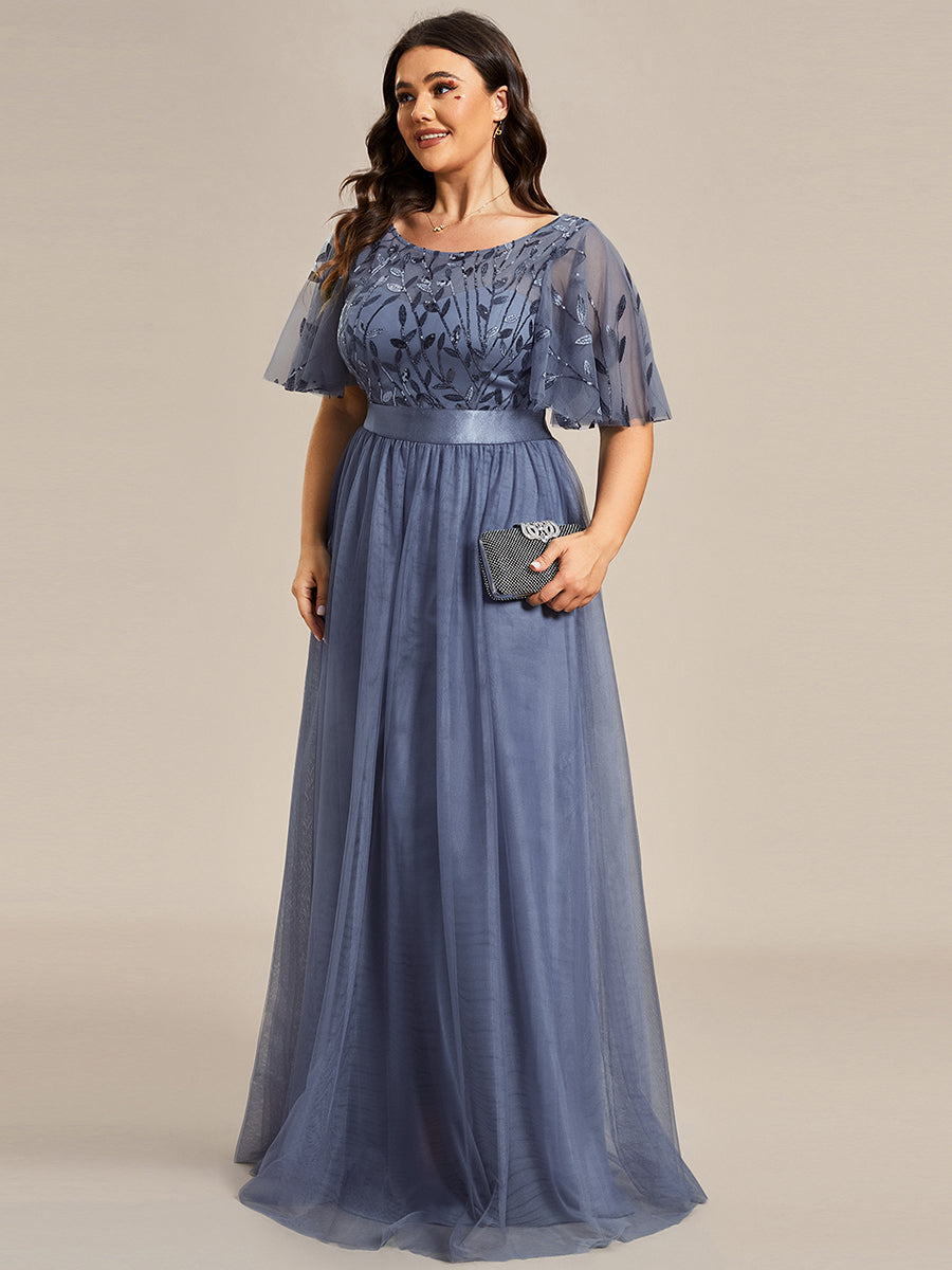 Damen A-Line Kurzarm Stickerei Bodenlanges Abendkleid #Farbe_Taubenblau