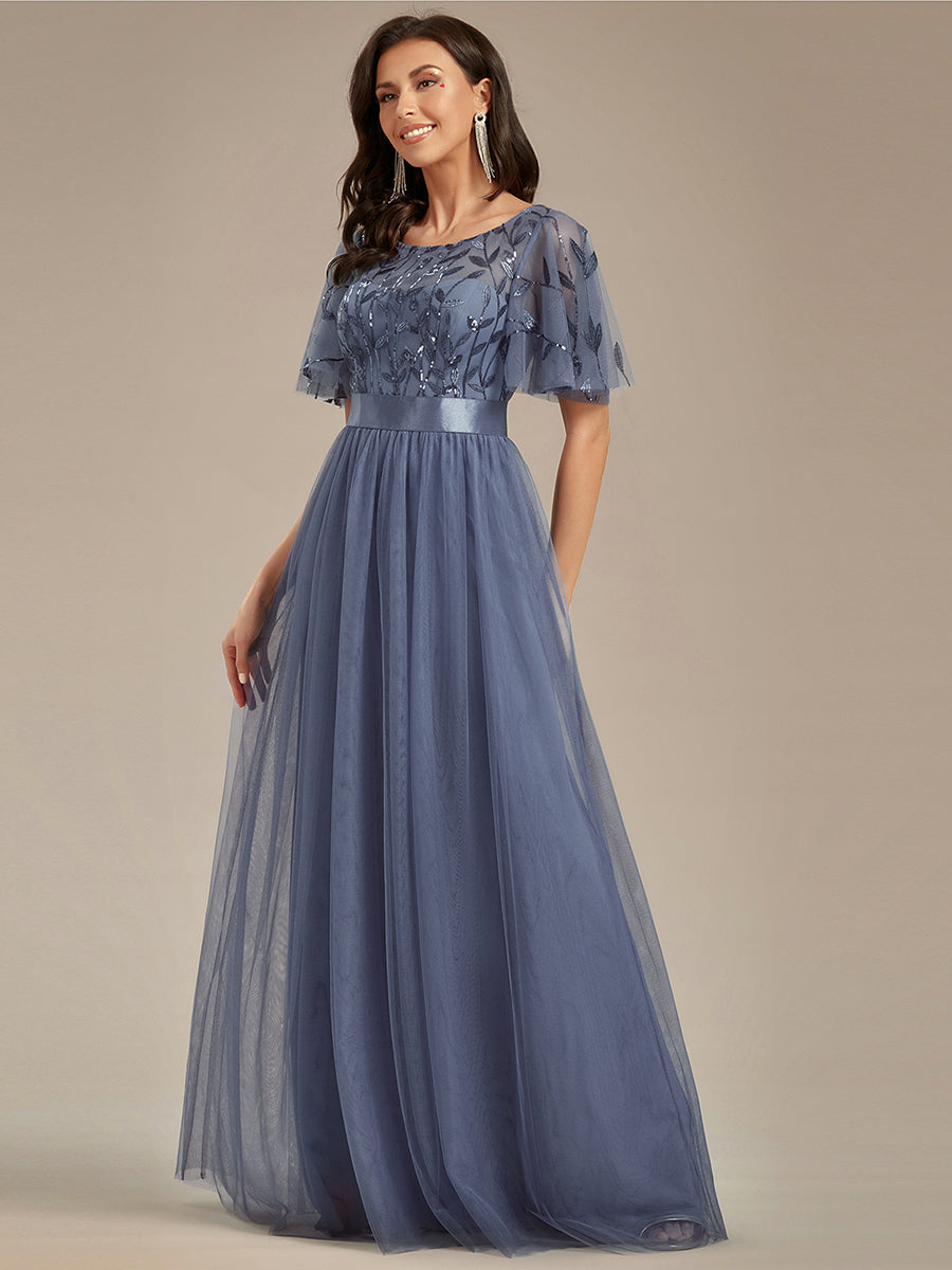 Damen A-Line Kurzarm Stickerei Bodenlanges Abendkleid #Farbe_Taubenblau