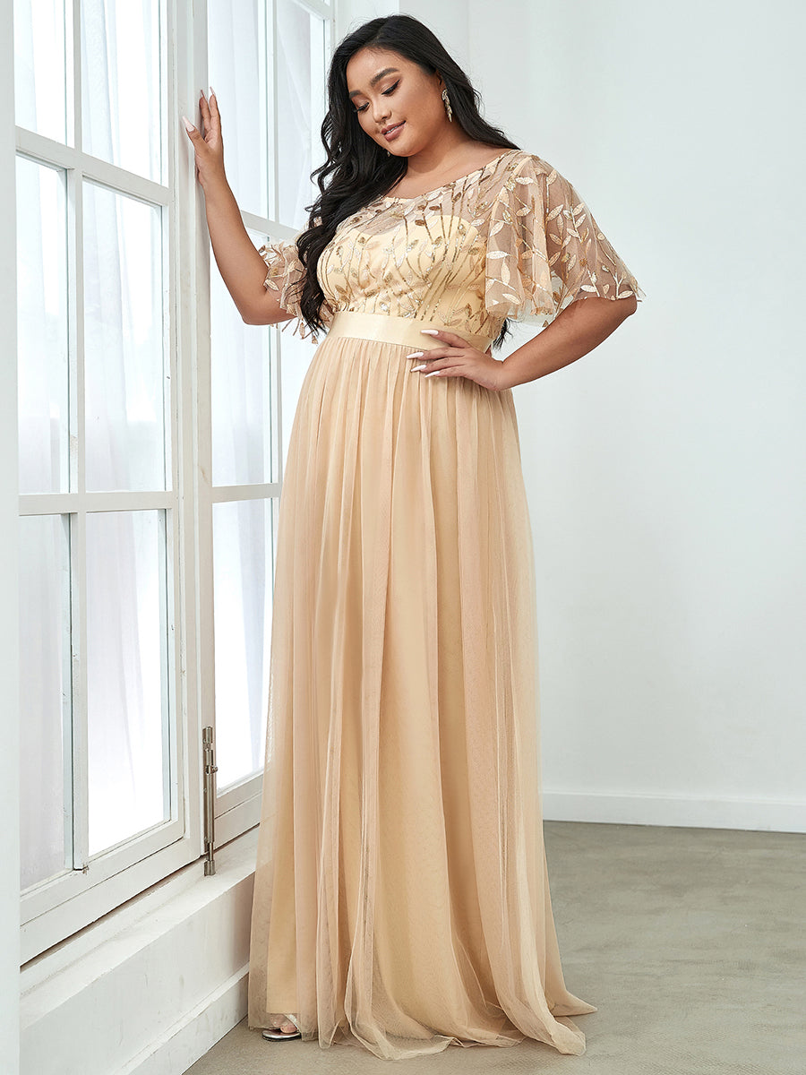 Damen A-Line Kurzarm Bodenlanges Abendkleid 00904 #farbe_Gold