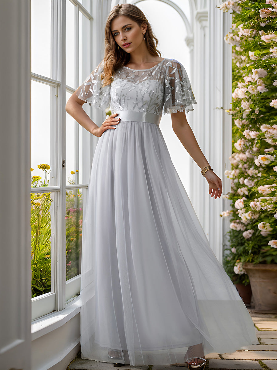 Damen A-Line Kurzarm Stickerei Bodenlanges Abendkleid #Farbe_Grau