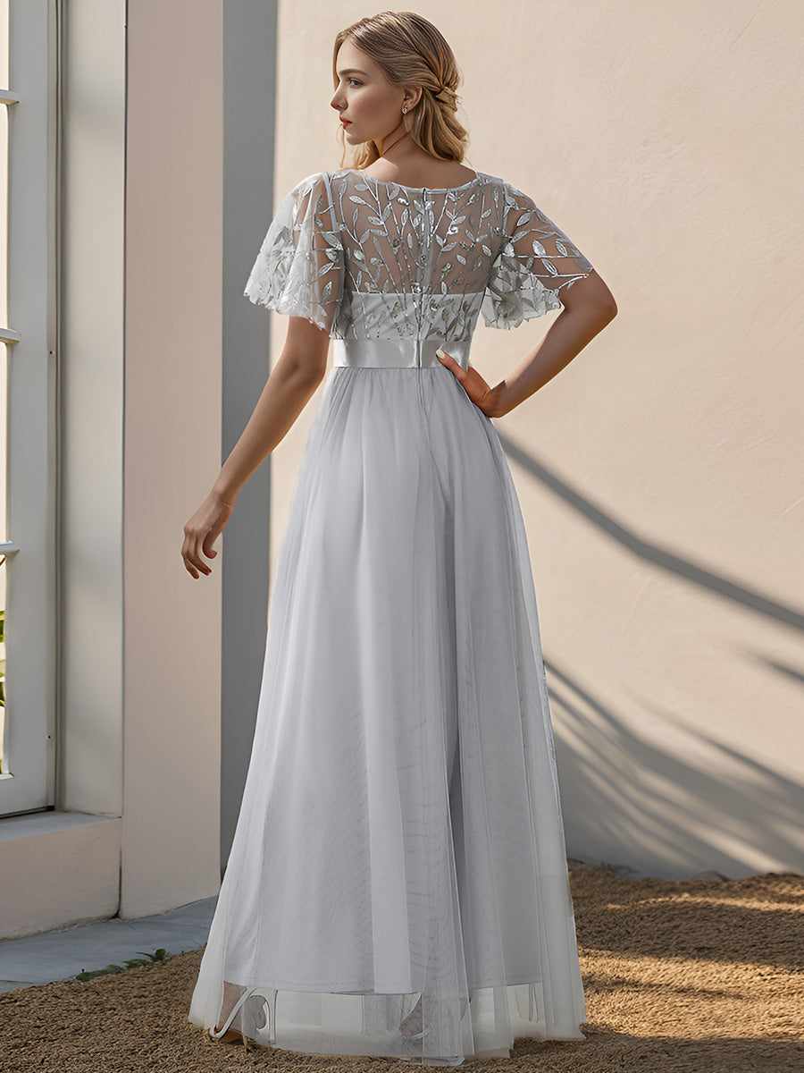 Damen A-Line Kurzarm Stickerei Bodenlanges Abendkleid #Farbe_Grau