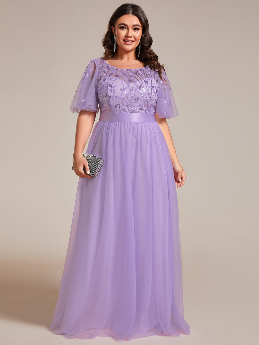 Damen A-Line Kurzarm Stickerei Bodenlanges Abendkleid #Farbe_Lavendel