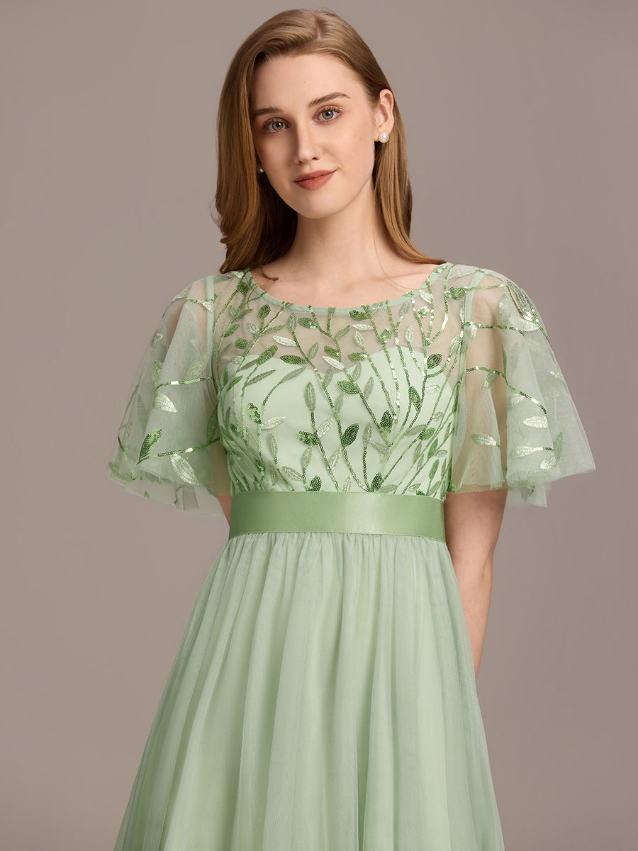 Damen A-Line Kurzarm Stickerei Bodenlanges Abendkleid #Farbe_Mintgrün