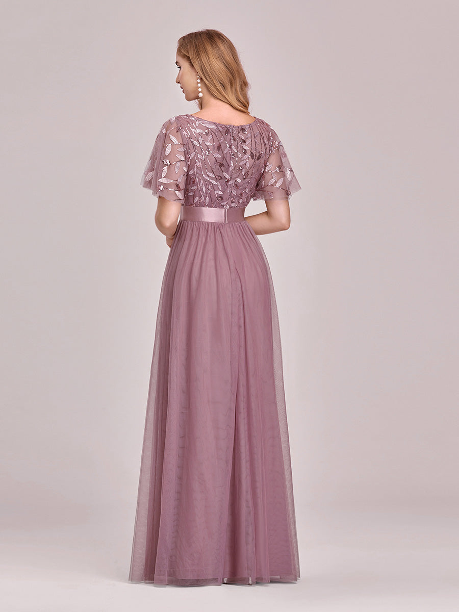 Damen A-Line Kurzarm Stickerei Bodenlanges Abendkleid #Farbe_Orchideenviolett