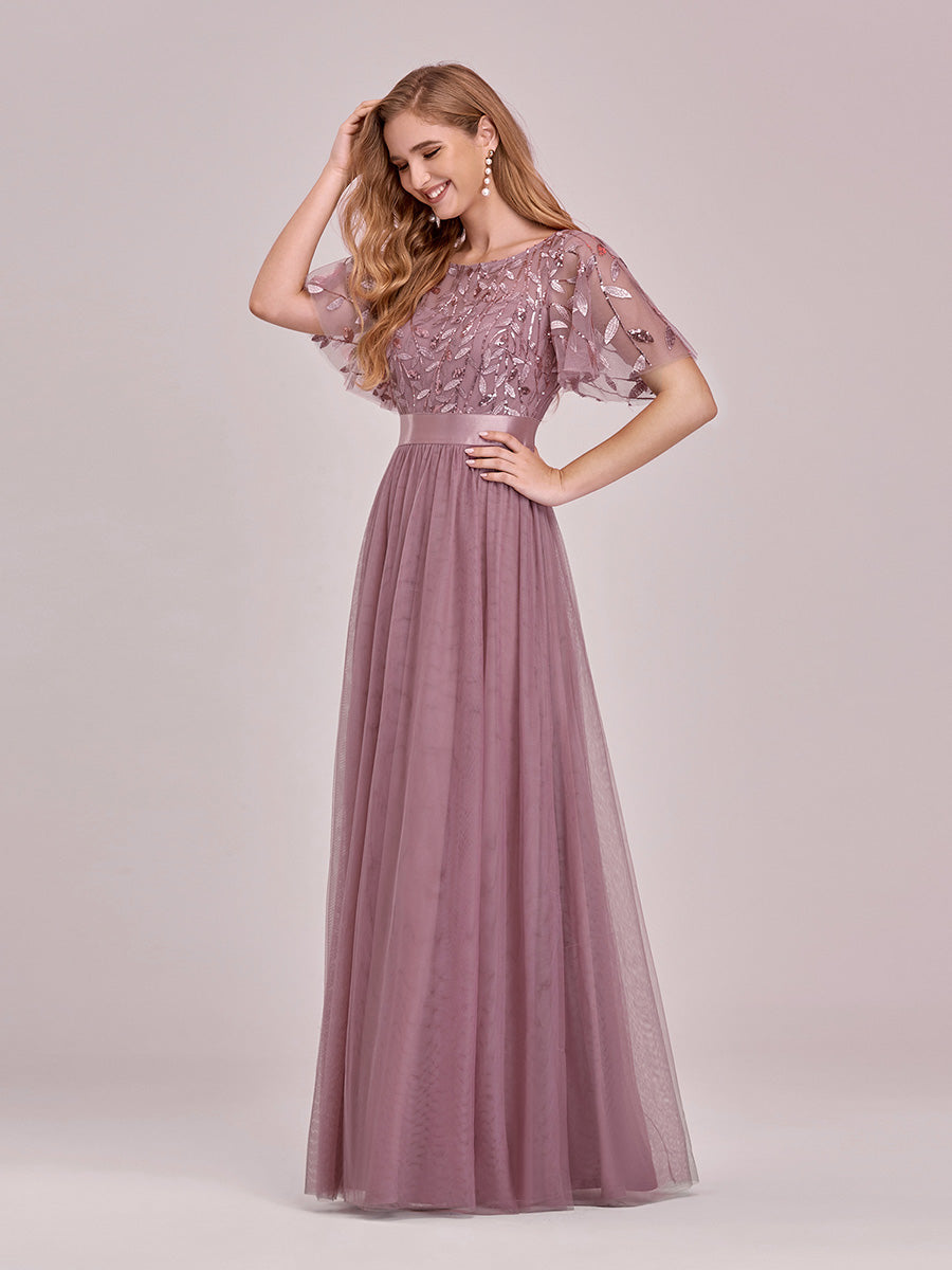 Damen A-Line Kurzarm Stickerei Bodenlanges Abendkleid #Farbe_Orchideenviolett