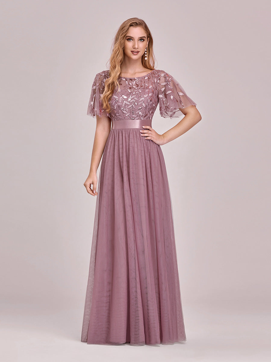 Damen A-Line Kurzarm Stickerei Bodenlanges Abendkleid #Farbe_Orchideenviolett