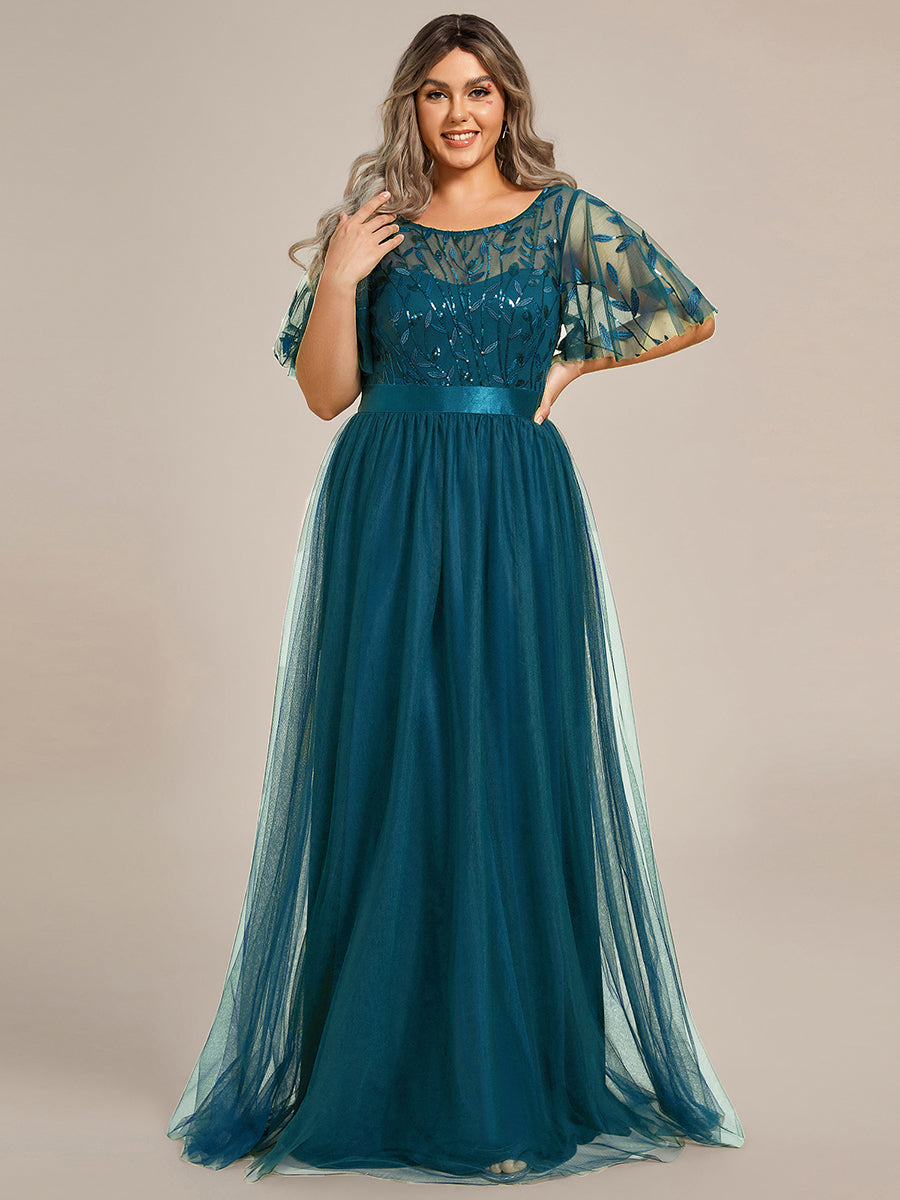 Damen A-Line Kurzarm Bodenlanges Abendkleid 00904 #farbe_Petrol