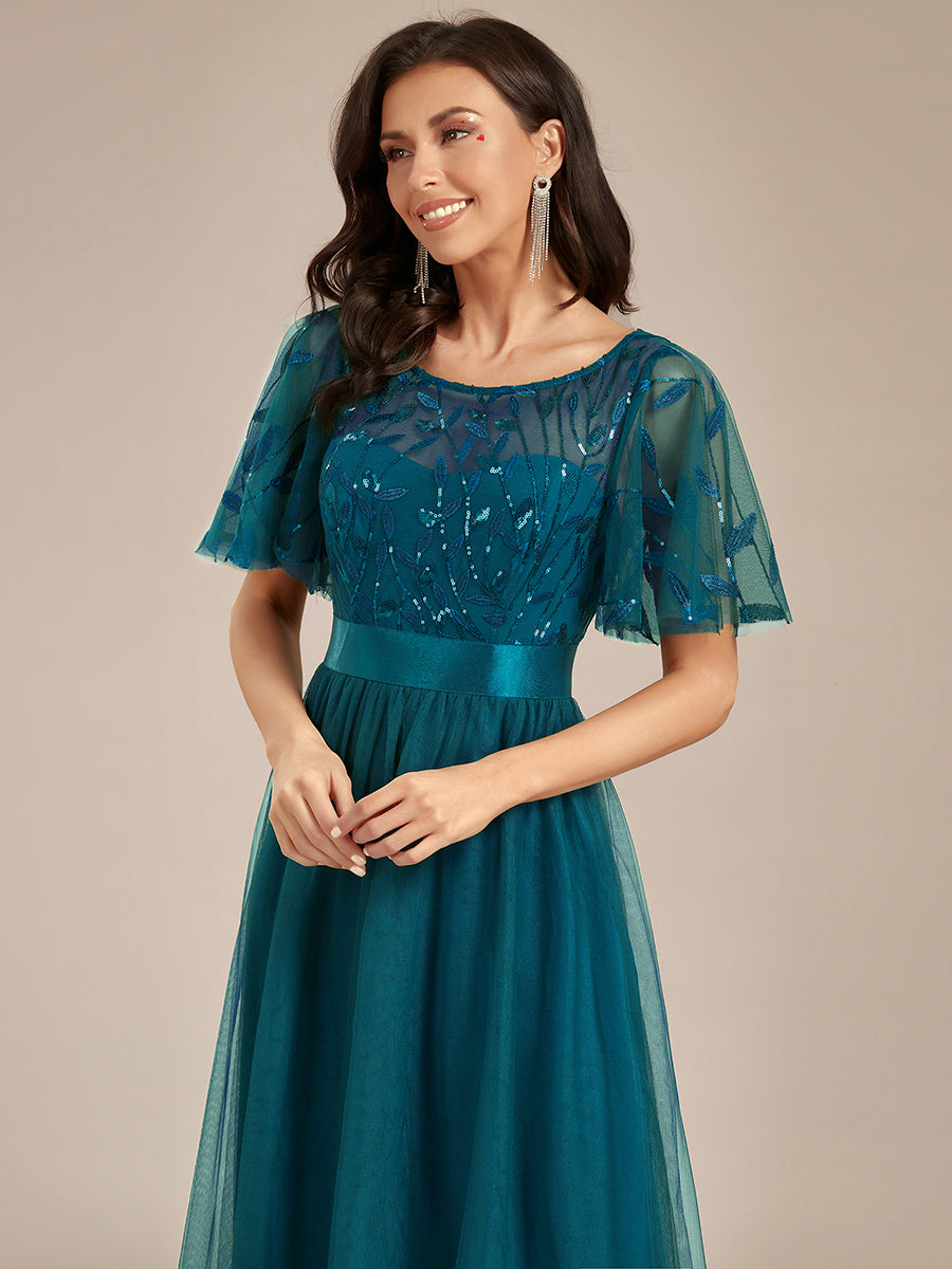 Damen A-Line Kurzarm Stickerei Bodenlanges Abendkleid #Farbe_Petrol