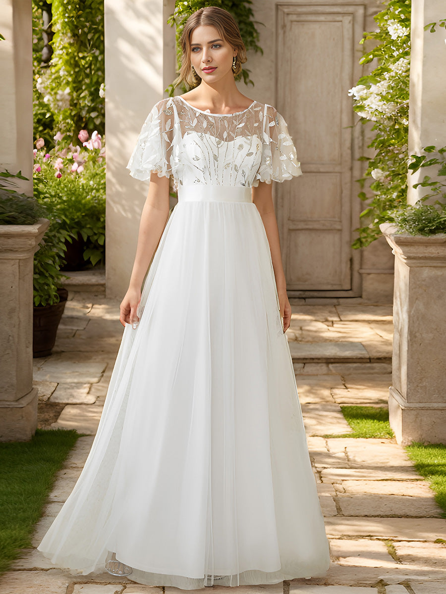 Damen A-Line Kurzarm Stickerei Bodenlanges Abendkleid #Farbe_Weiß