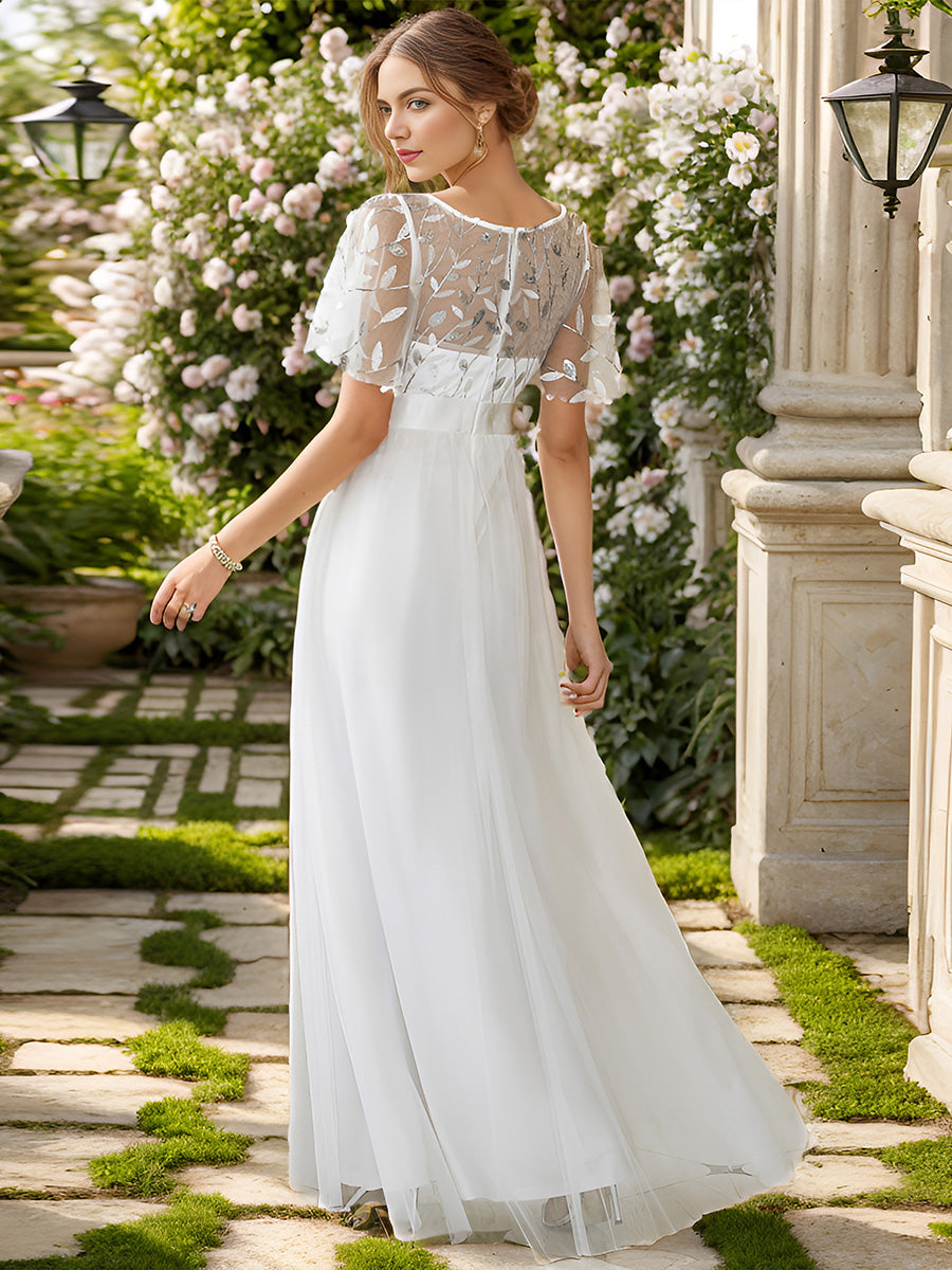 Damen A-Line Kurzarm Stickerei Bodenlanges Abendkleid #Farbe_Weiß