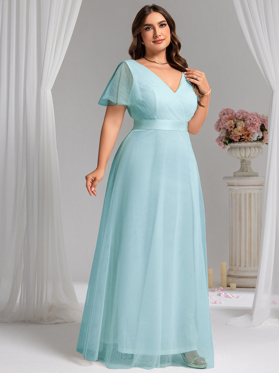 Plus Size V-Ausschnitt A-Linie Kurzarm Bodenlang Brautjungfernkleider #Farbe_Himmelblau