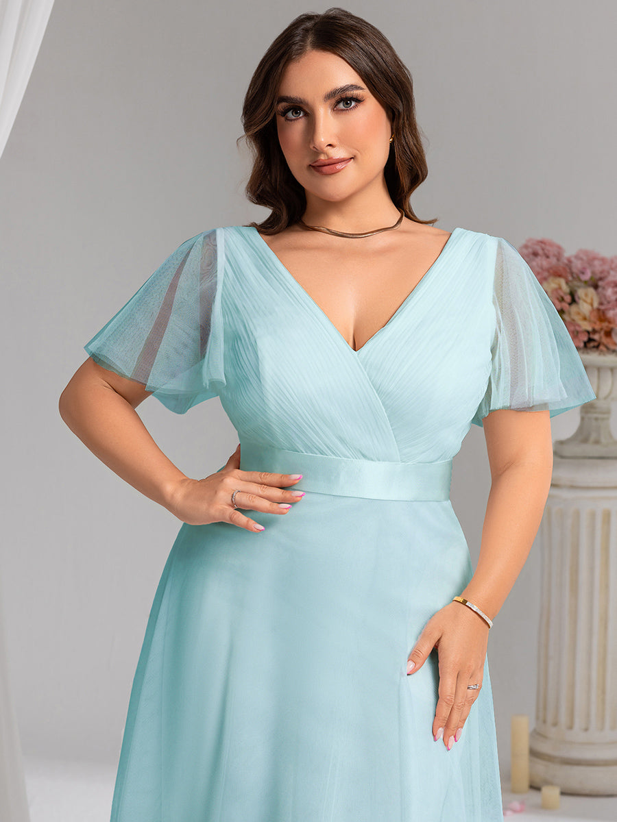 Plus Size V-Ausschnitt A-Linie Kurzarm Bodenlang Brautjungfernkleider #Farbe_Himmelblau
