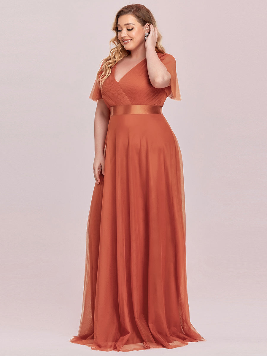 Plus Size V-Ausschnitt A-Linie Kurzarm Bodenlang Brautjungfernkleider #Farbe_Gebranntes Orange
