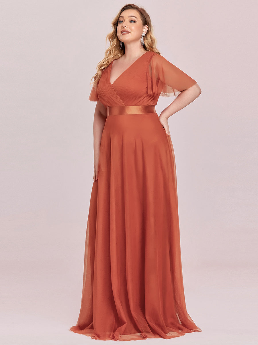 Plus Size V-Ausschnitt A-Linie Kurzarm Bodenlang Brautjungfernkleider #Farbe_Gebranntes Orange