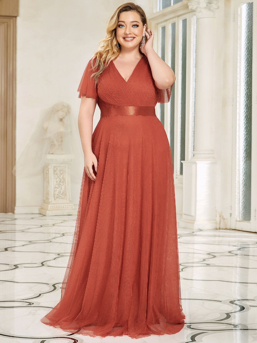 Plus Size V-Ausschnitt A-Linie Kurzarm Bodenlang Brautjungfernkleider #Farbe_Gebranntes Orange