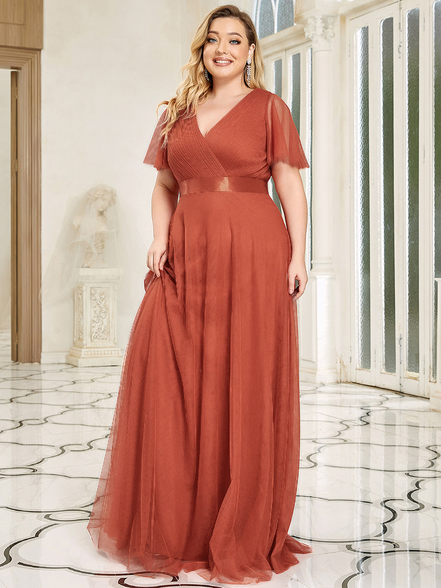 Plus Size V-Ausschnitt A-Linie Kurzarm Bodenlang Brautjungfernkleider #Farbe_Gebranntes Orange